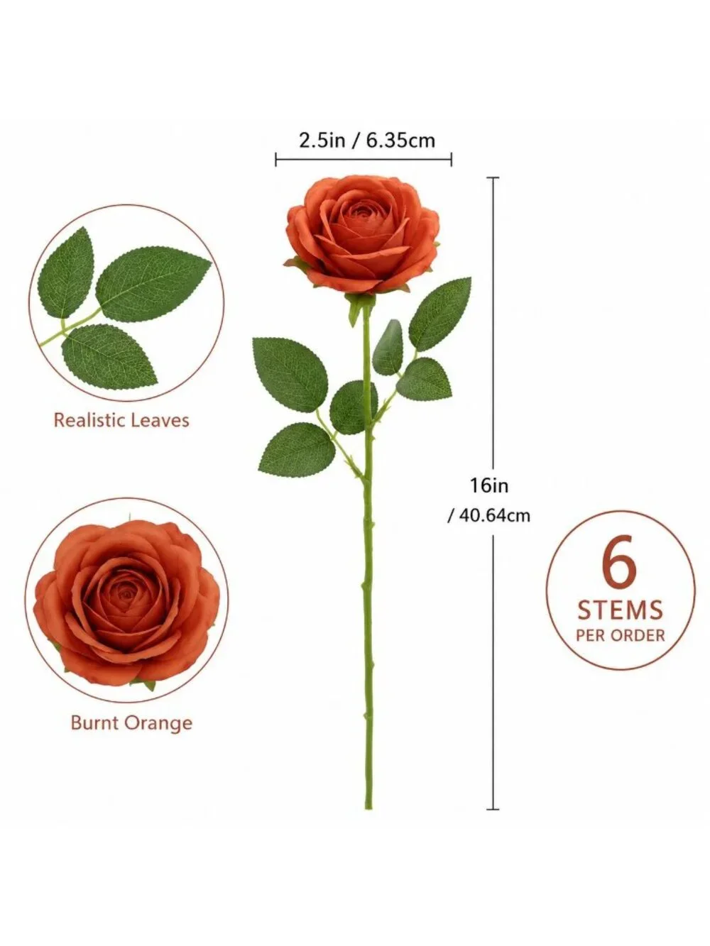 Set of 6 Terracotta Rose Stems Artificial Roses Burnt Orange Roses Faux Flowers
